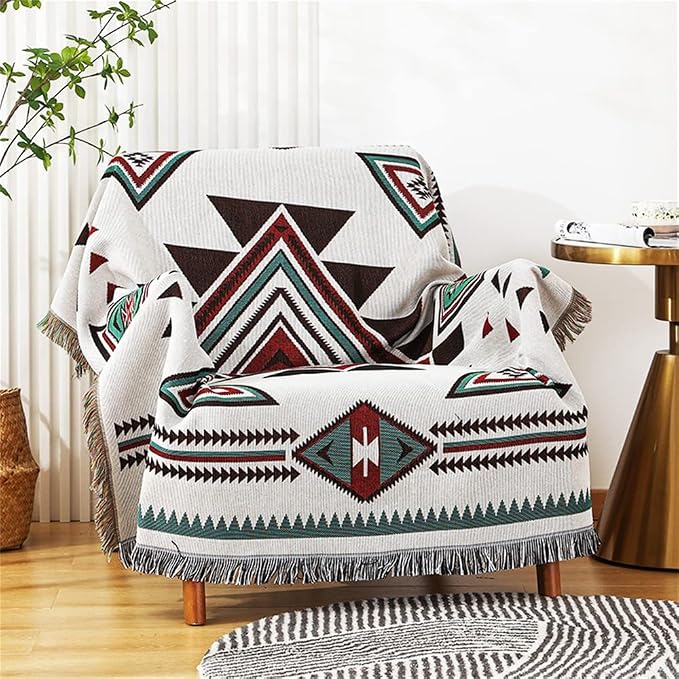Homesy Aztec Throw Blanket Native Southwestern Bed Blankets 51"x63" White | Southwest Decor,Boho Style,Sofa Chair Cover,Outdoor Beach Car Tent Travel Camping Use,Tapestry,Reversible and Tassels