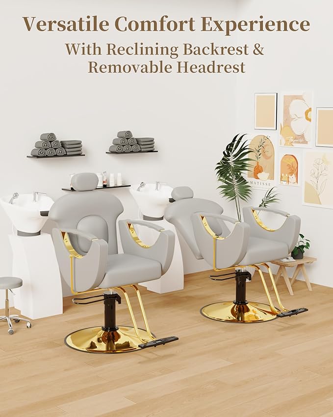 Baasha Ergonomic Reclining Salon Chair with Adjustable & Removable Headrest, Gold & Gray Hydraulic Styling Chair, Soft PU Leather, 135° Recline, 360° Swivel, Heavy-Duty Steel Frame, 330 lbs Capacity
