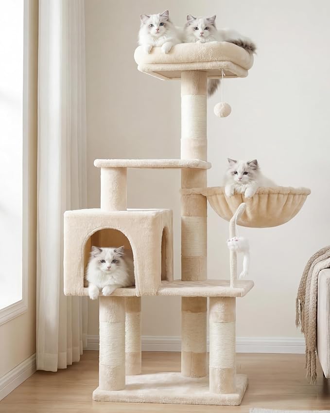 Heybly Cat Tree with Toy, 43.3 inch Cat Tower for Indoor Cats HCT004SM | Cat Condo with Durable Sisal Scratching Posts, Cat House with Padded Plush Perch, Cozy Hammock, Beige