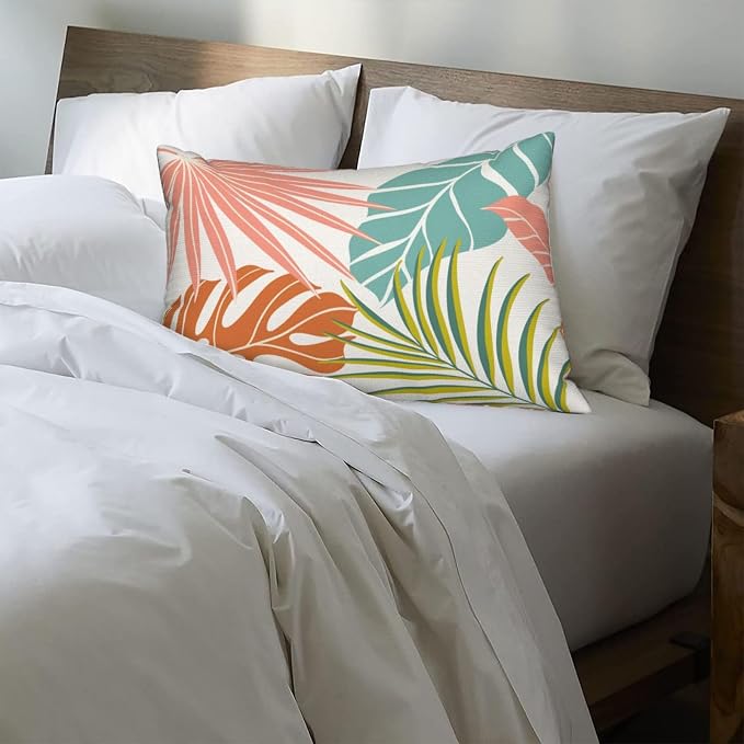 Summer Tropical Pillow Covers 12x20 Set of 2, Monstera Palm Leaf Pillowcase Green Orange Botanical Coral Summer Throw Pillows Outdoor Decor Farmhouse Cushion Case Linen Decorative for Home