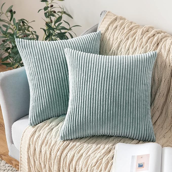 MIULEE Decorative Corduroy Throw Pillow Covers Set of 2 18x18 Mint | Soft Striped Textured Cushion Cases, Boho Energetic Vibe Pillowcases for Home Decor, for Couch Chair Sofa Bed Living Room