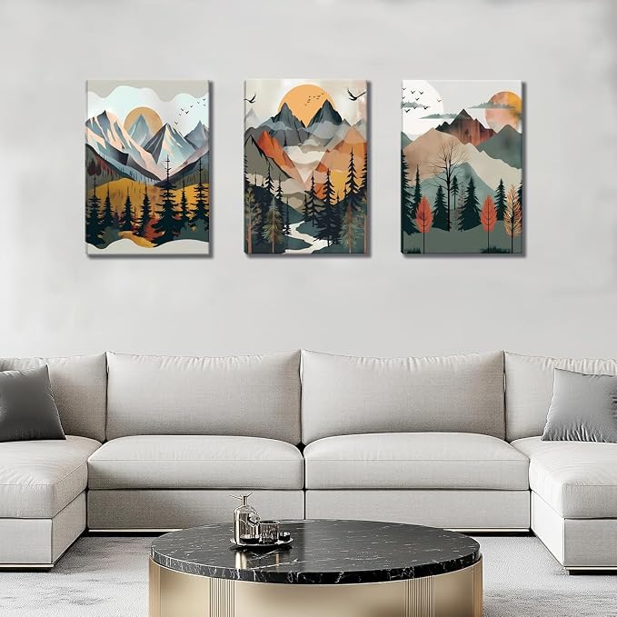 Mountain Canvas Wall Art Set of 3, Boho Sun Forest Abstract Nature Landscape Artwork Wall Decor, Watercolor Posters Prints Painting Picture Artwork for Living Room Bedroom Office 16x24 In Framed