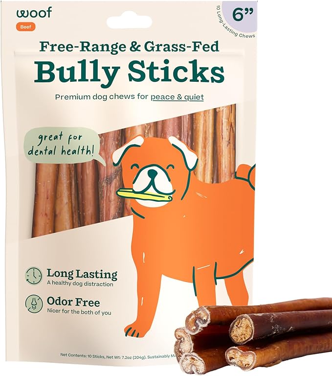 WOOF Bully Sticks Dog Chew Treats, 6 Inch, 10 Count | Free-range grass-fed beef, long-lasting chews, high protein, odor controlled, supports dental care