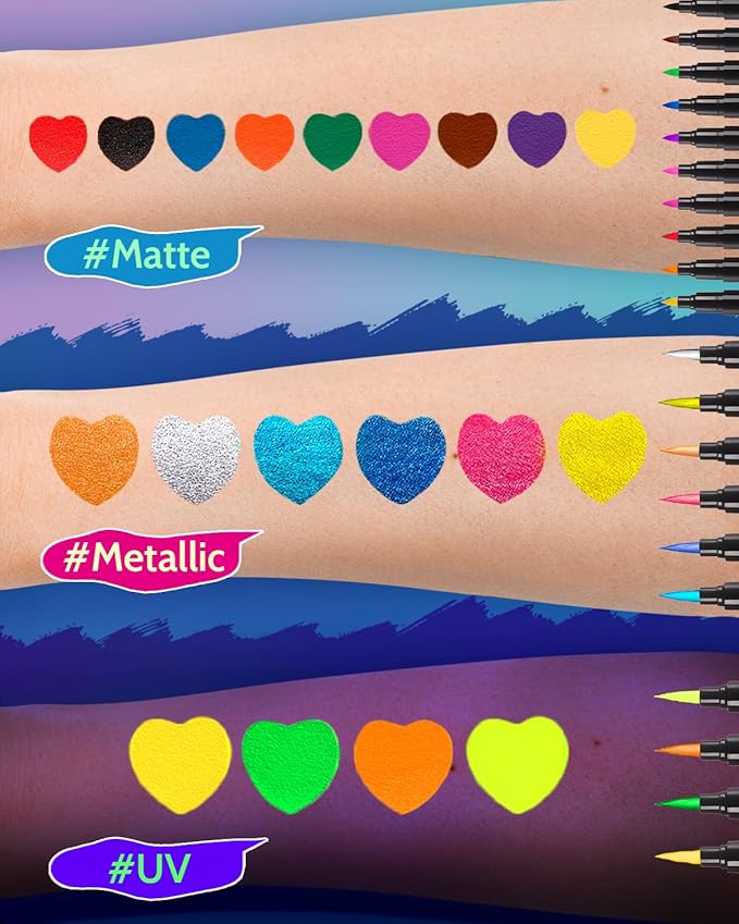 Temporary Tattoo Markers for Skin, 20 Pcs Dual-Tip UV & Matte & Glitter Tattoo Pens, Skin-Safe Body Markers with Tattoo Stencils & Stickers, Washable Glow in the Dark Markers for Kids Teens