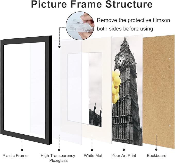 11x14 Picture Frame Set of 9, Display Pictures 8x10 with Mat or 11x14 without Mat, Multi Collage Gallery Square Photo Frames for Wall or Tabletop, Black