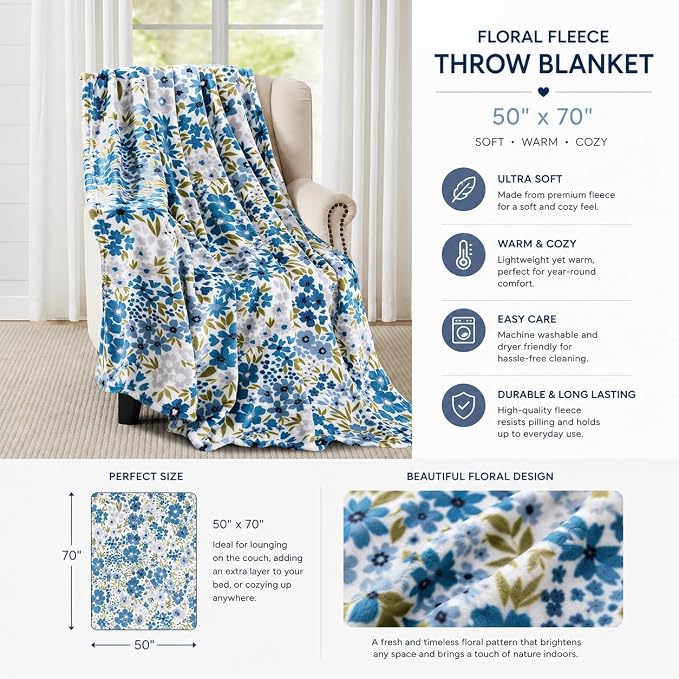 Spring Velvet Fleece Floral Throw Blanket: Garden Breeze of Grey Blue Green Flowers on a Colorful Soft Cozy White Design, Oversized 50" x 70"
