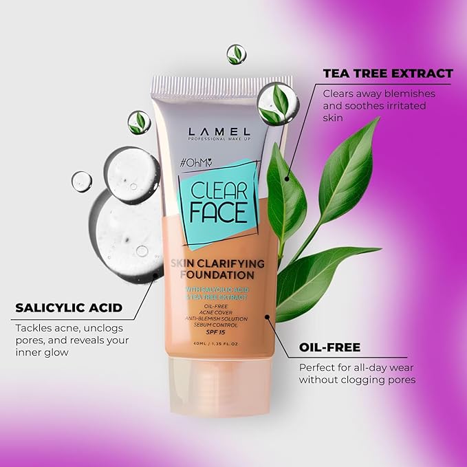 LAMEL Oh My Clear Face Full Coverage Foundation for Oily & Acne Prone Skin, Salicylic Acid & Tea Tree Extract, Anti-Blemish Sensitive Skin Care, Organic & Oil-Free, 407 Medium Tan, 40 ml / 1.35 fl.oz