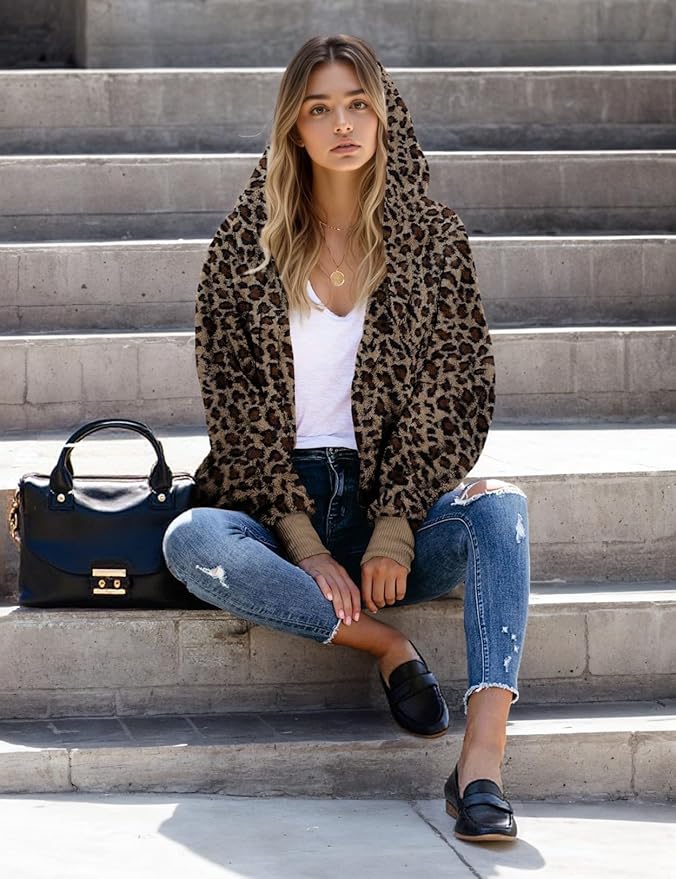 Zilcremo Women Hooded Cardigan Fuzzy Jacket Winter Open Front Fleece Coat Outwear with Pockets