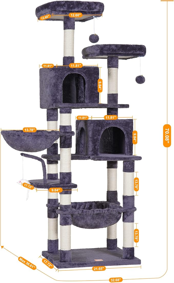 Heybly Cat Tree, 70 inches Tall Cat Tower for Indoor Large Cats HCT032G | Big Cat Condo with Toy , Cat House Furniture with Padded Plush Perch, Cozy Hammock and Sisal Scratching Posts, Smoky Gray