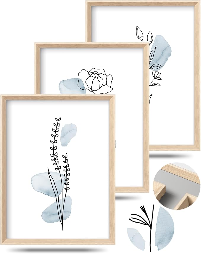 HesenDot Blue Floral Framed Wall Art, Minimalist Botanical Canvas Prints | 12x16IN Set of 3, Wood High Framed Prints, Boho Flowers Artwork, Wall Decor for Living Room Kitchen Bedroom Bathroom