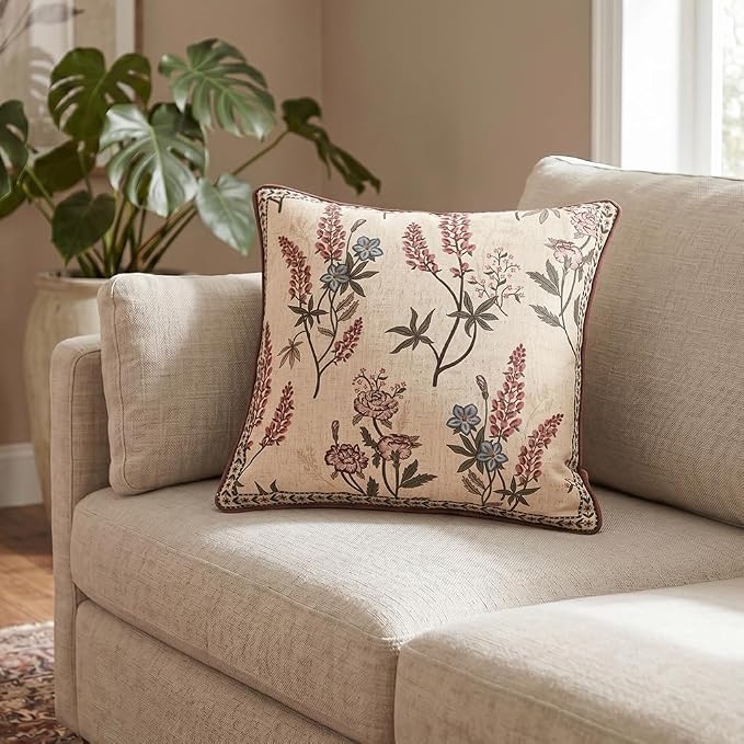 Designer Linen Throw Pillow Cover,Set of 2,18"x18"-Helena A | Vintage Elegant French Square Pillow Cover,Concealed Zipper Design,Floral Pattern,Sofas,Bedroom,Living Room,Lounge Chairs