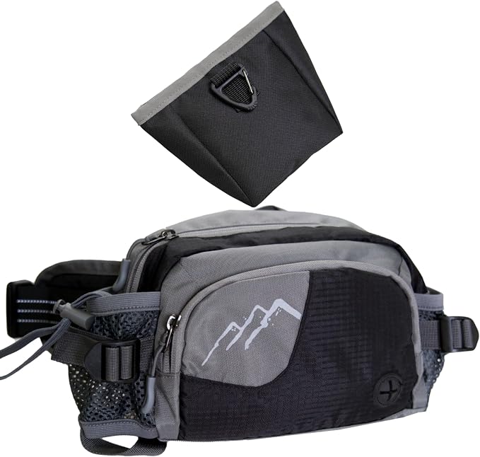 Dog Walking Fanny Pack with Removable Treat Pouch & 2 Retractable 300ml Water Bottle Holders, No Spill Magenetic Clasp - Hands-Free Pouches Training Waist Bag for Dog Owners, Poop Bag Dispenser