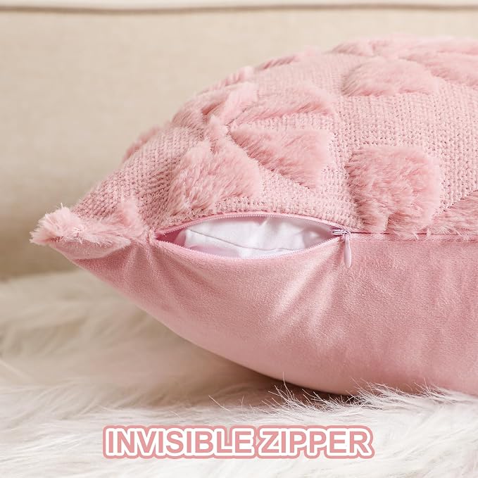 Mixweer Dark Pink Bow Pillow Covers Set of 2 Preppy Room Decor Coquette Cute Spring Summer Decorative Faux Fur Soft Bowknot Stuff Fluffy Plush Aesthetic Pillowcase for Bed Sofa Couch (18 x 18 Inch)