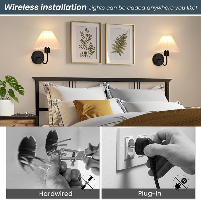 Rechargeable Battery Operated Wall Sconce Sets of 2, 15 Colors Wireless gooseneck Black Wall Lights Fixture with Dimmable Bulbs and Remote, Not Hardwired Wall Mounted Lamps for Bedroom Living Room