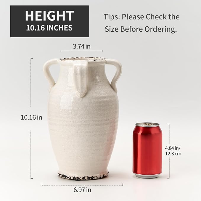 Vaseking White Ceramic Vase with 4 Handles, 10.16" Tall Retro Ice Cracked Flower Vase, Antique Vases for Modern Farmhouse Home Decor, Wedding, Living Room, Table, Shelf Decor, Cracked White