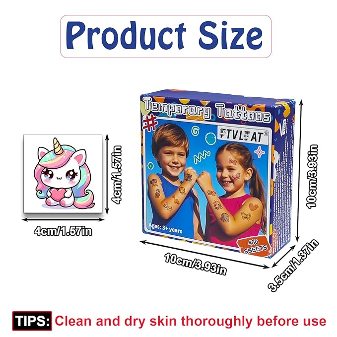 400+ Premium Temporary Tattoos for Kids & Adults - Waterproof Fake Tattoos Last 2-7 Days, Cute Fruit Animal Dessert Designs, Deluxe Gift-Ready Packaging, Perfect for Birthday Party, Halloween