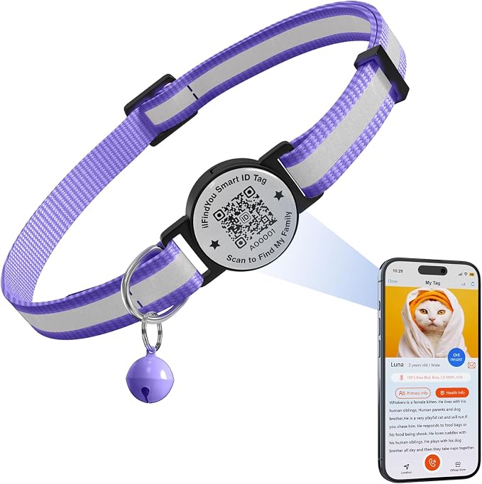 Breakaway Cat Collar QR Code, Reflective Bell, Adjustable Kitten, Purple