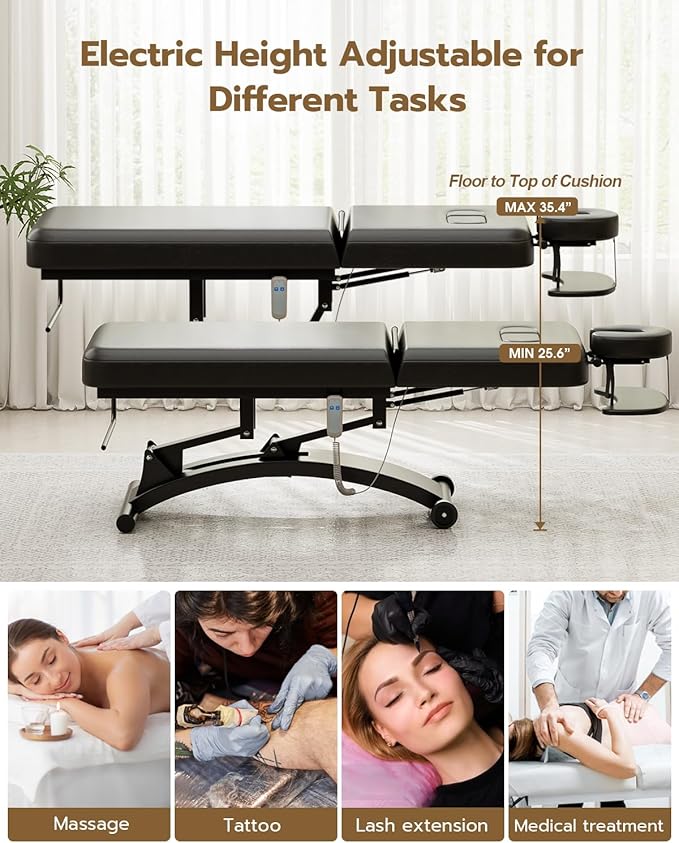 Paddie 550lbs Electric Lift Massage Table, Professional for Treatment/Facial/Beauty/Spa/Physical Therapy, Haydrulic Adjustable Backrest/Face Cradle/Rolling Wheels, Black