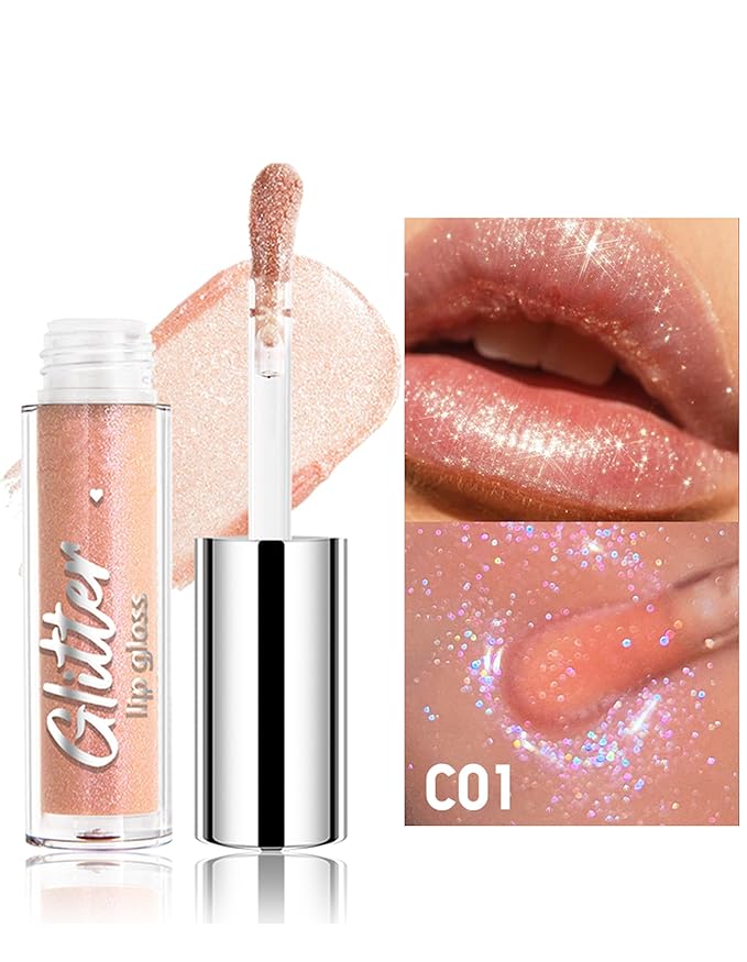 Erinde Glitter Shimmer Lip Gloss, Hydrating High-Shine Glimmer Finish & Sheer Wash Of Color Lip Oil, Non-Sticky, Moisturizing Lip Makeup, Bling Sparkle Lip Gloss Lipstick, Vegan & Cruelty-Free, 01