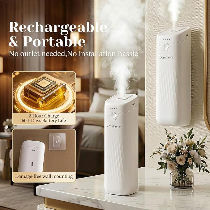 Waterless Essential Oil Diffuser (M60) with 3x120ml Oil, Rechargeable Portable Battery-Operated Cold Air Aroma Scent Machine, 4 Adjustable Intensity Levels, Quiet Diffuser for Home Car