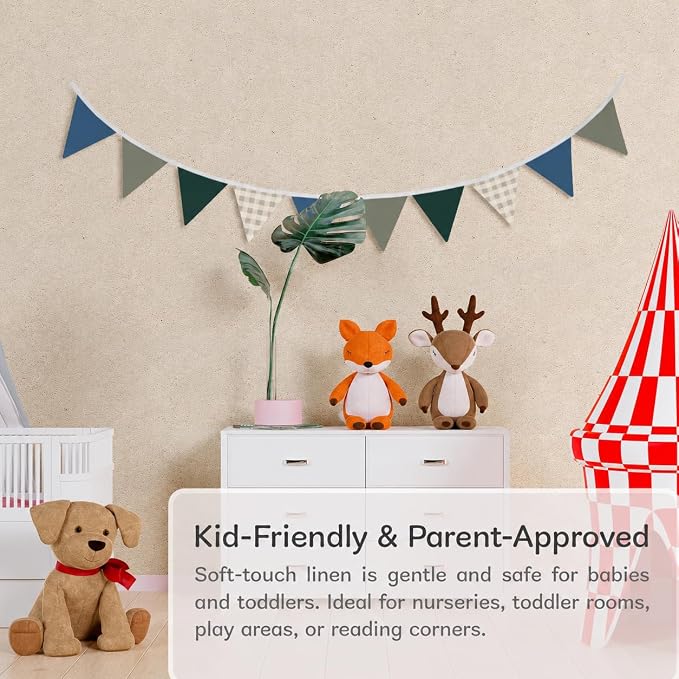 Boys Toddler Room Playroom Nursery Decor, Garland Triangle Banners Blue Grey,11Ft Vintage Warm Neutral Plaid Design Pennant Banner Bunting Flags Fabric for Baby Shower Birthday Party Wall Art