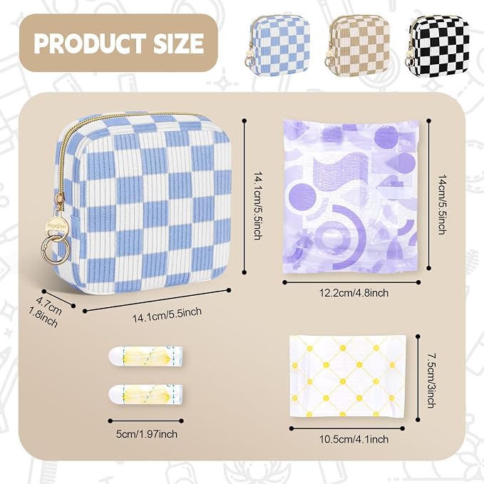 Checkered Period Bag for Teen Girls, Corduroy Sanitary Napkin Storage Bag with Ring Buckle, Cute Menstrual Pad Pouch Tampon Holder for Purse (Checkered-Khaki)