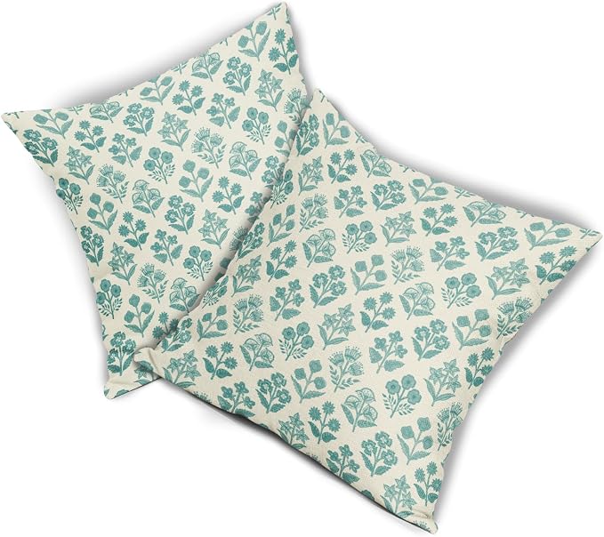 Teal Floral Pillow Covers 24x24 Inch Set of 2, Vintage Flower Block Print Pattern Decorative Throw Pillowcases Outdoor Farmhouse Cushion Covers Spring Summer Rustic Sofa Couch Bed Decor