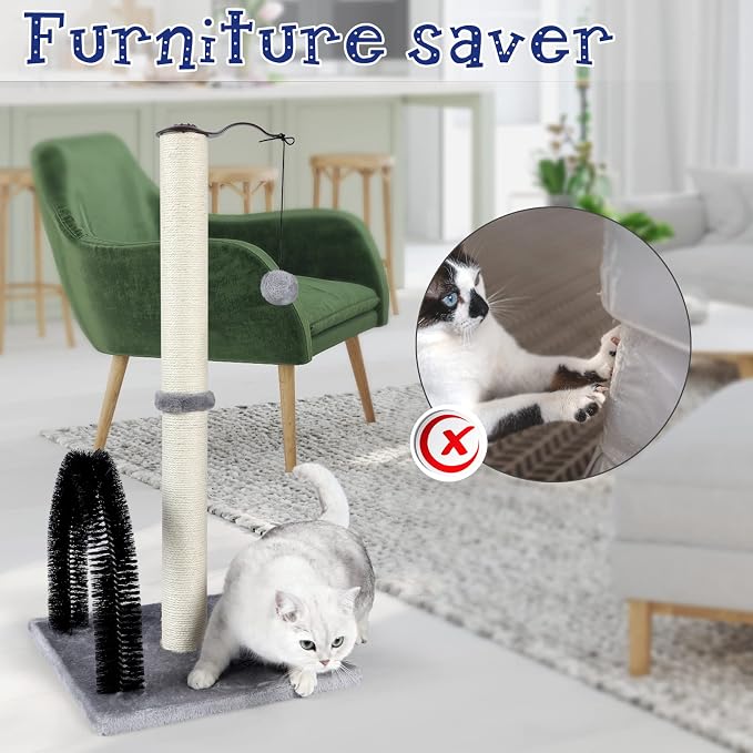ANWA 32" Tall Cat Scratching Post with Arch Groomer, Natural Sisal, Gray | Natural Sisal Post for Indoor Cats Adults, Stable Cat Post with Plush Toys, Self-grooming Brush, Cat Furniture, Small Space