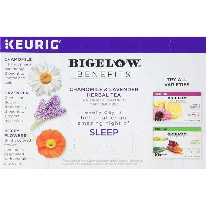 Bigelow Tea Benefits Sleep Chamomile & Lavender Herbal Caffeine Free Tea K-Cup Pods, 10 Count, Pack of 6