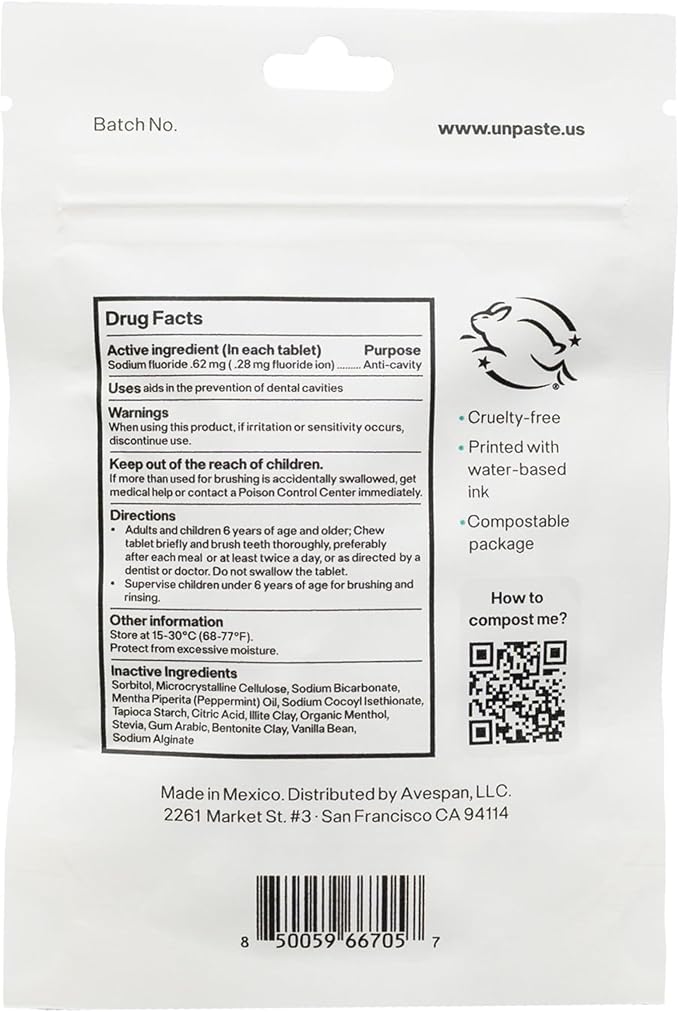 Unpaste Toothpaste Tablets, New Formula, Fluoride Mint, Hint of Vanilla, Xylitol Free, Travel-Friendly, Resealable Packet, 250ct, 4 Month Supply