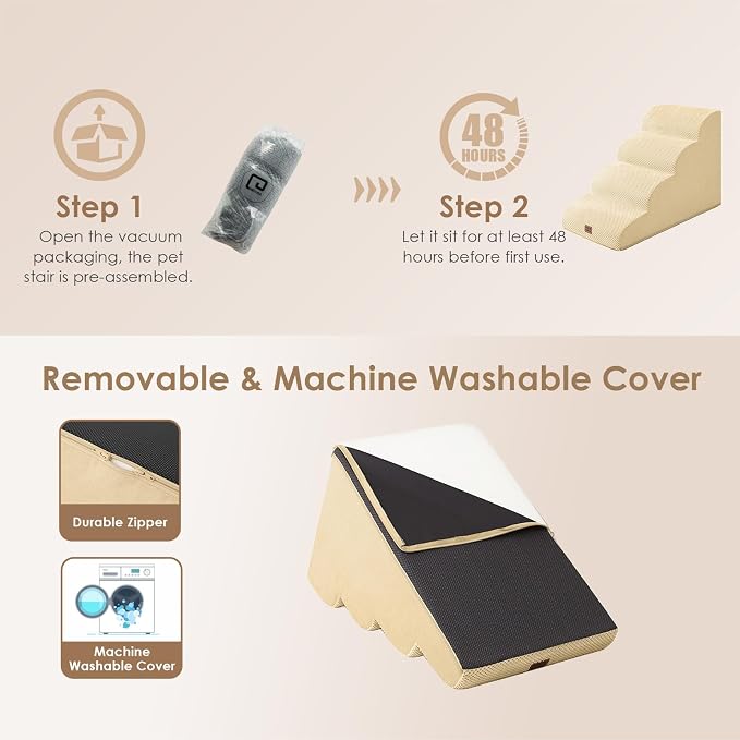 EHEYCIGA Curved Dog Stairs Ramp, 4-Step High Beds, 19.7" H Pet Step | 33D density of pure foam, for Small Dogs and Cats, Pet Stairs for High Bed Climbing, Non-Slip Balanced Indoor, Graige