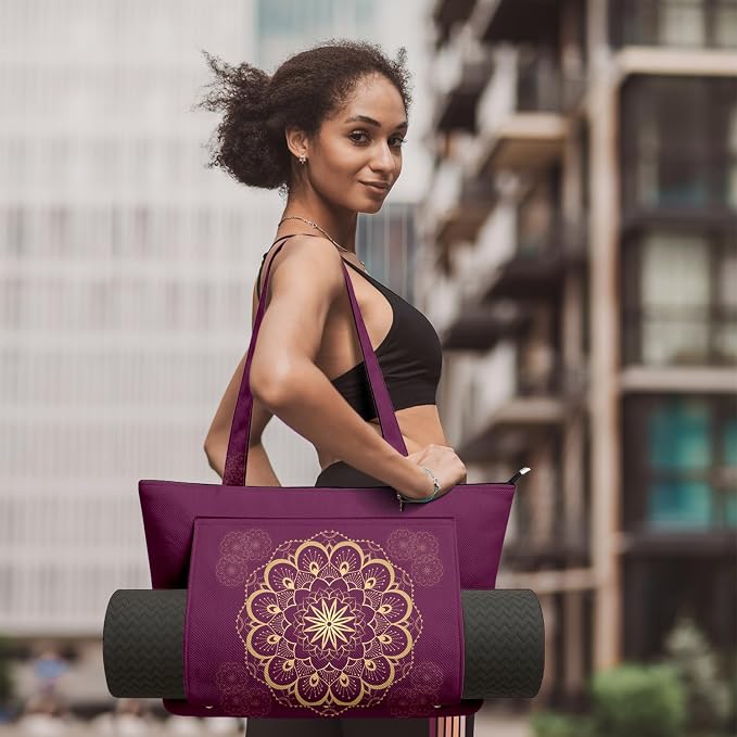 Yoga Bag for Women, Large Canvas Yoga Mat Tote Bag with Yoga Mat Carrier - Large Mat Pocket Fitness Tote for Pilates, Gym, Travel, Office & Beach