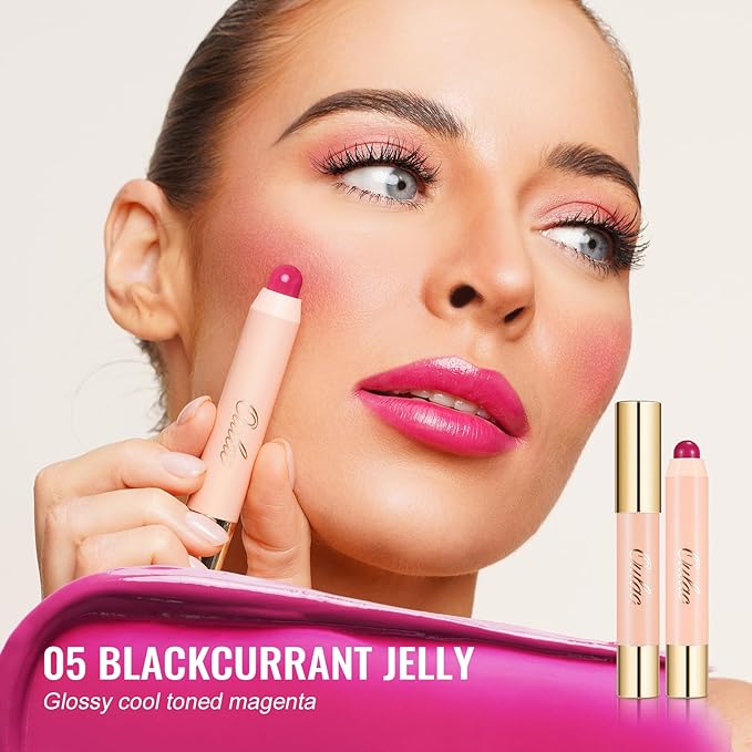 Oulac Magenta Lipstick - Lipstain and Blush Duo, Tinted Lip Balm, Moisturising and Nourishing, Glossy Finish, Vegan, Blackcurrant Jelly(05)