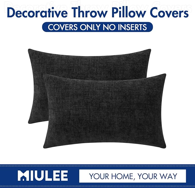 MIULEE Soft Chenille Lumbar Throw Pillow Covers Black 12x20 Inch Pack of 2 | Modern Home Decor, Classic Decorative Pillows, Solid Dyed Cases, Boho Couch Cushion Covers for Sofa Bed Living Room