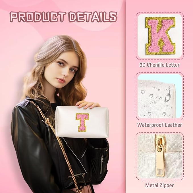 TOPEAST Preppy Makeup Bag, Small Cosmetic Travel Bags for Women, PU Leather Waterproof Toiletry Bag with Zipper, Personalized Birthday Gift for Women Girl, Preppy Gifts for Girl (Pearly White Z)