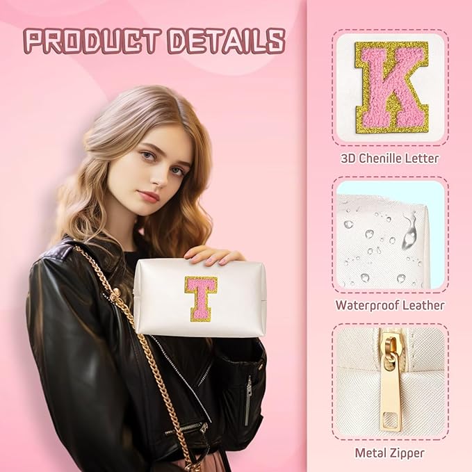 TOPEAST Preppy Stuff for Girls, Initial Makeup Bag Chenille Letter Pouch Cosmetic Bag with Zipper, PU Leather Waterproof Toiletry Bag, Cute Stuff Birthday Gift for Friends Sister (Pearly White T)