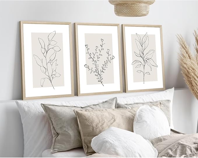 Neutral Botanical Prints Wall Art Decor Plant Minimalist Canvas Pictures Vintage Beige Wall Art Modern Farmhouse Line Poster Boho Abstract Painting Artwork for Bedroom 16x24 Inch Framed Set of 3