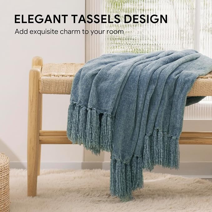 RECYCO Chenille Throw Blanket for Couch, 50"x60", Dusty Blue | Super Soft Knit Throw Blanket with Fringe Tassels, Lightweight Knitted Throw, Cozy, Ideal for Sofa Chair Bed Living Room Gift