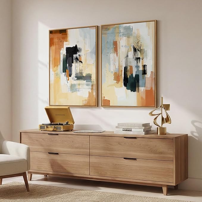 Large Framed Neutral Abstract Wall Art, Set of 2 Modern Canvas Prints Paintings Artwork for Walls, Minimalist Colorful Pictures for Living Room Bedroom Dining Room Hallway Lounge Wall Decor 24x36 In