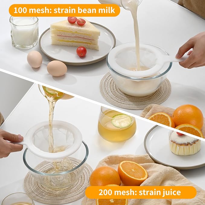 Premium Multi-Mesh Strainer Set, Nylon and Plastic Fine Mesh Sieve, 100/200 Mesh, 2 Pack, for Tea, Coffee, Nut Milk, Juice, Broth, Smoothies