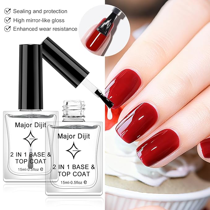 Major Dijit Clear Base & Top Coat 2-in-1 Nail Polish – Quick Dry, Long-Lasting, High Gloss Protective Formula – 0.5 Fl Oz