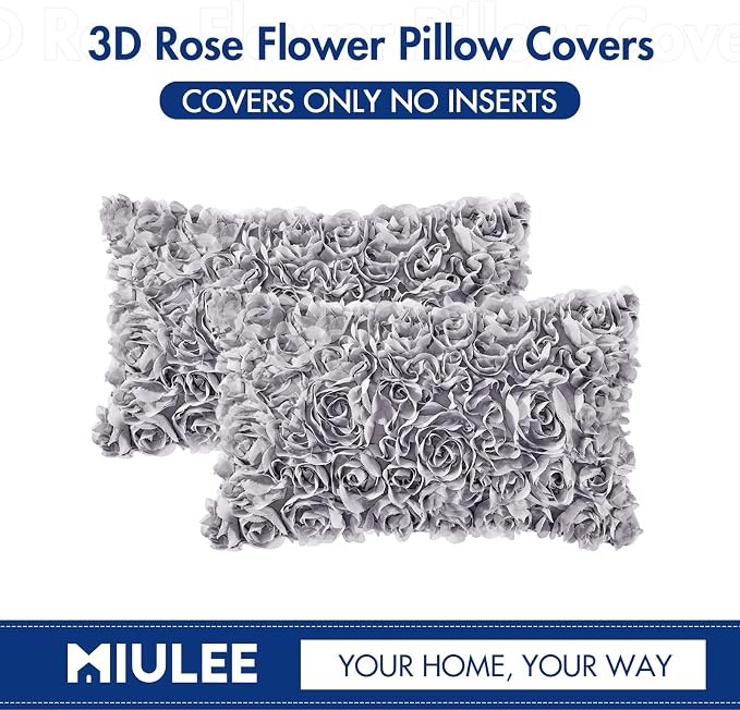MIULEE Decorative Rose Flower Pillow Covers Pack of 2 Grey 12x20 Inch | Cute Romantic Stereo Chiffon Throw Pillow Cover Aesthetic Solid Pillowcase for Girl Coquette Room Decor Coach Bedroom