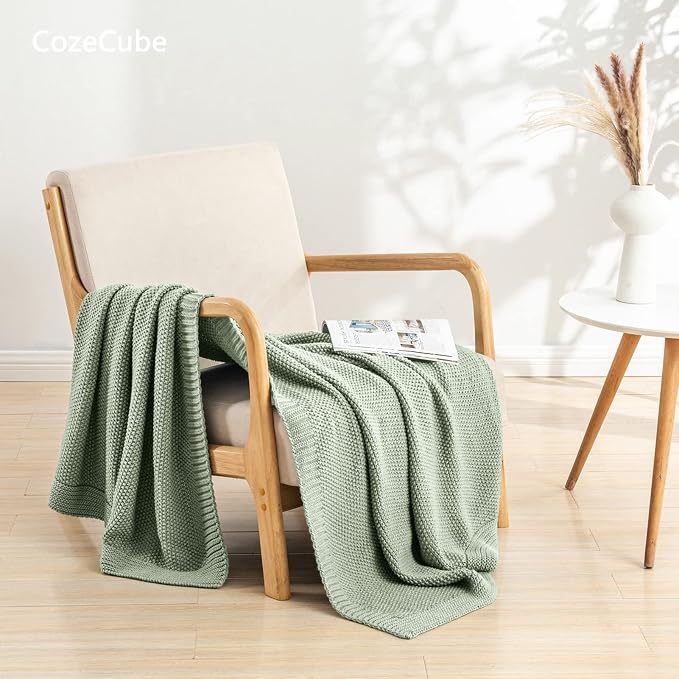 CozeCube Sage Green Seed Stitch Throw Blanket 60"x80", Farmhouse Decor | Blanket for Couch, Soft Cozy Cable Knit Throw for Bed Sofa Living Room, Lightweight Warm Decorative Christmas Blanket