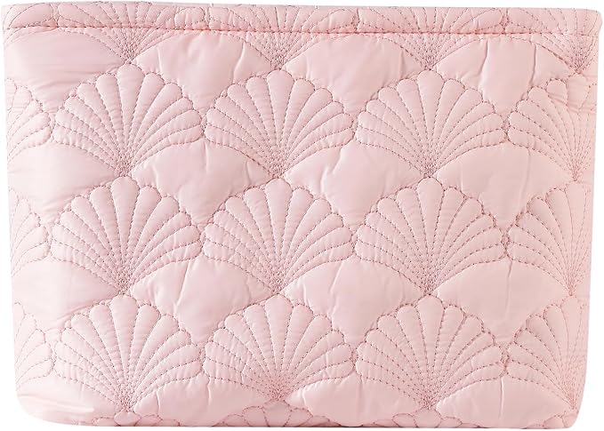 uekeboag Pink Quilted Cotton Makeup Pouch,Coquette Quilted Toiletry Bag for Women and Girls, Floral Coquette Organizer Bag, Aesthetic Travel Cosmetic Bags(Pink Shells)