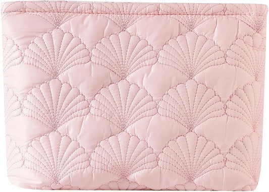 uekeboag Pink Quilted Cotton Makeup Pouch,Coquette Quilted Toiletry Bag for Women and Girls, Floral Coquette Organizer Bag, Aesthetic Travel Cosmetic Bags(Pink Shells)