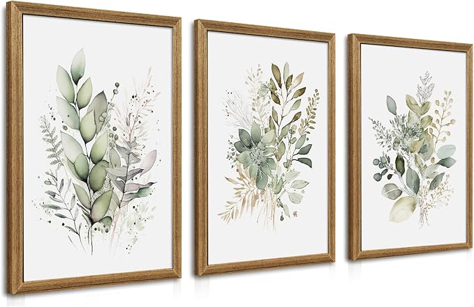 WRFON Framed Sage Green Botanical Wall Art Set of 3, Watercolor Eucalyptus & Wild Plant Canvas Prints, Minimalist Green Wall Decor for Living Room Bedroom Bathroom, 20x30 Inches