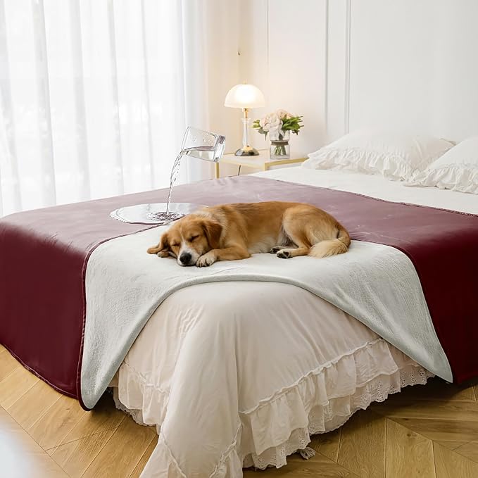 Waterproof Blanket - Reversible Dog Throw as Furniture Protector | Soft Velvet & Flannel, TPU Leak-Proof Liner, Machine Washable, Fits Couch and Bed, 82" x 108", Burgundy/Cream