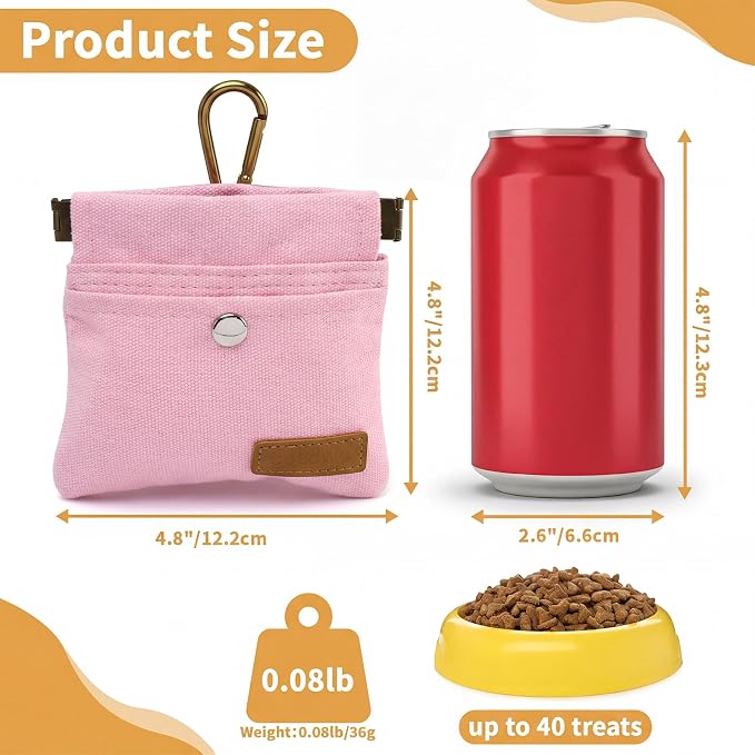 Dog Treat Pouch for Pet Training, Carabiner & Magnetic Buckle, Pink