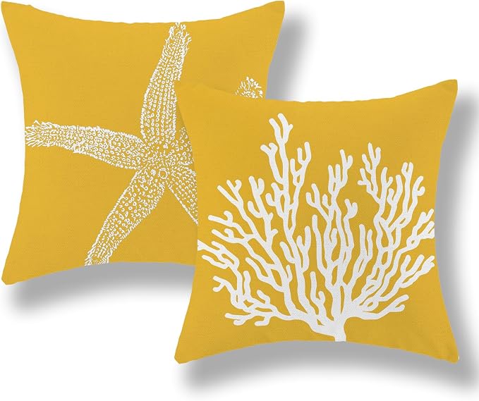 Coastal Pillow Covers 16x16 Set of 2 Yellow Coral Starfish Throw Pillows Nautical Ocean Decorations Summer Linen Beach Pillowcase Outdoor Decor Yellow Farmhouse Cushion Case for Home Bedroom