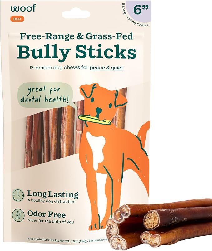 WOOF Bully Sticks Dog Chew Treats, 6 Inch, 5 Count | Free-range grass-fed beef, long-lasting chews, high protein, odor controlled, supports dental care